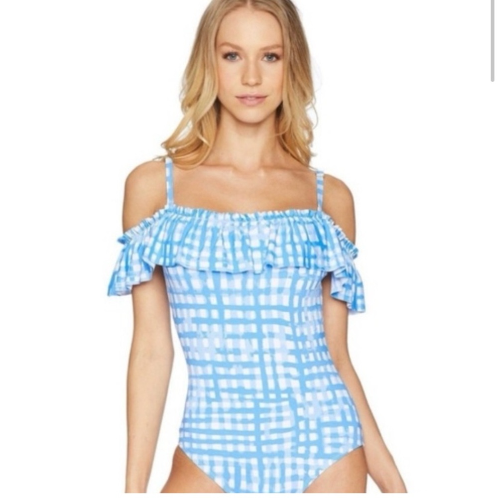 Lilly Pulitzer Blue Fiesta Gingham Off-Shoulder One-Piece Swimsuit - Picture 2 of 8